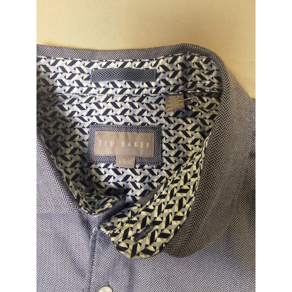 Ted Baker London Mens L Blue Herringbone Shirt 100% Cotton Button Up 1072429 - Picture 2 of 12